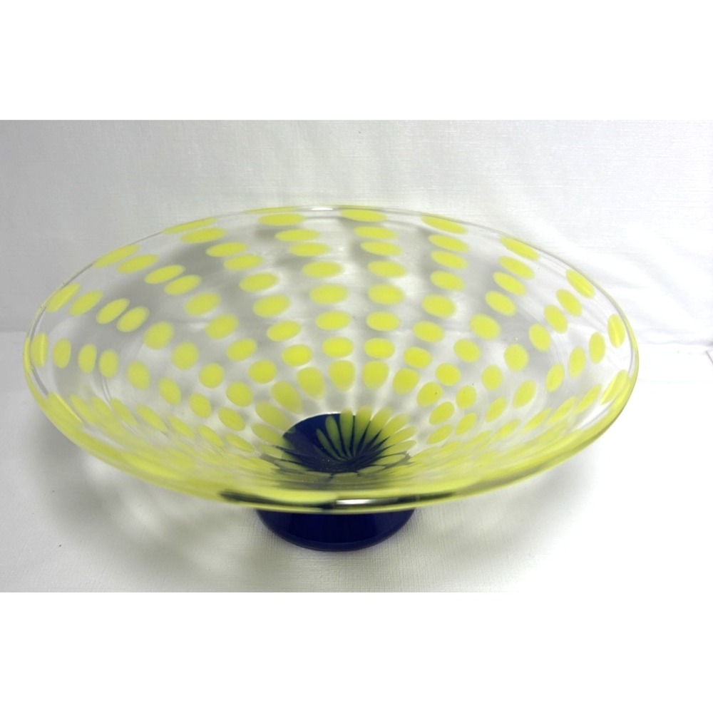 Avalon Glass Works Art Glass Bowl Yellow Dot Pattern Blue Base